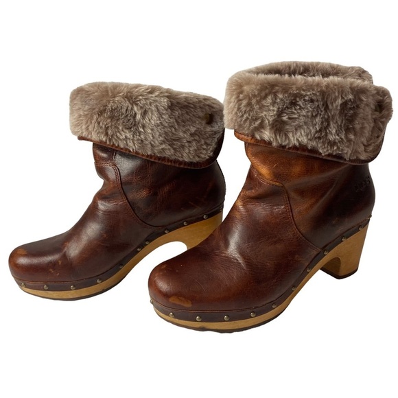 Ugg women’s brown leather clog, Lynnea Shearling ankle pull on boots size 7 - Picture 1 of 12